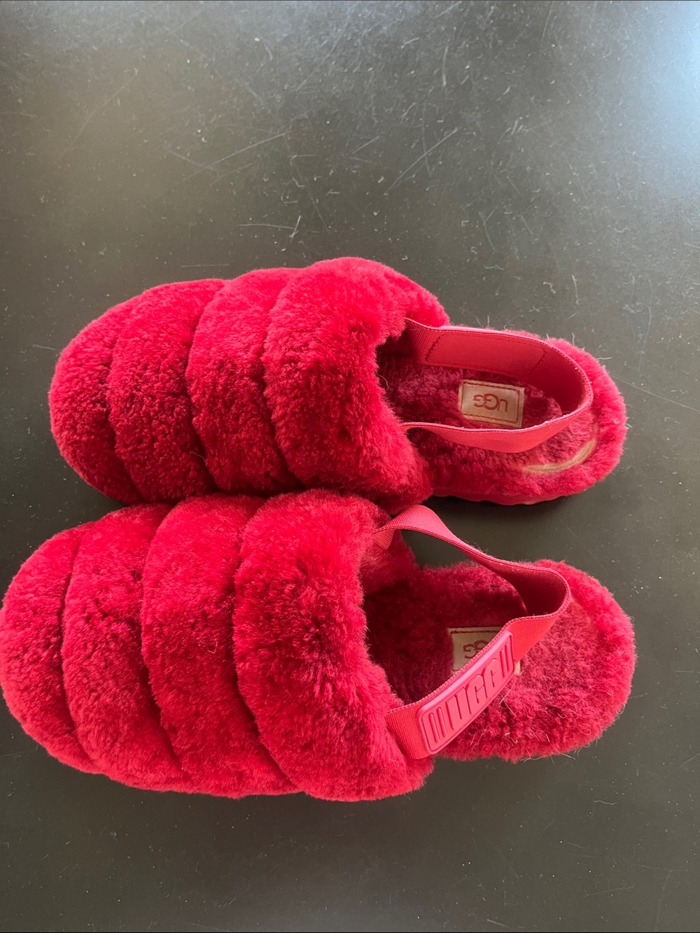UGG super fluff slipper sandal sheepskin upper with elastic ankle strap size 9